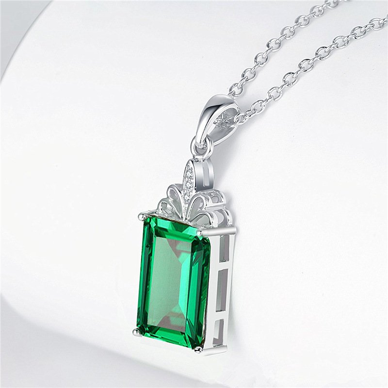 Emerald Square Pendant Silver 18K White Gold Tourmaline Colorful Gemstone Necklace Ladies Clavicle Chain Gift