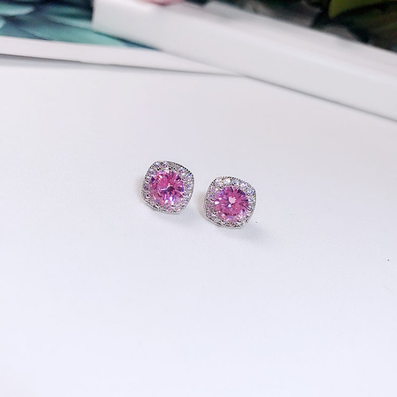 Fashion square silver needle earrings temperament inlaid pink diamonds synthetic amethyst celebrity earrings jewelry