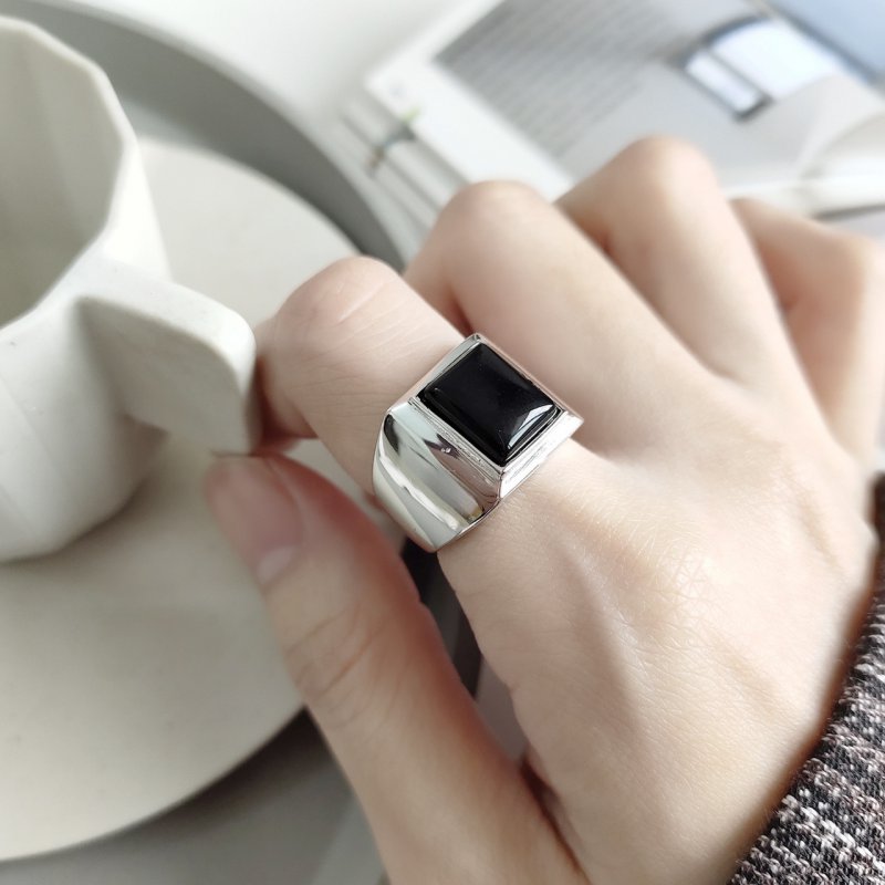 Design jewelry 925 sterling silver ring net red heavy black agate rectangular ring ring jewelry